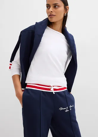 Sweatpants van biologisch katoen • donkerblauw-aardbeirood-wit met print • bonprix online shop