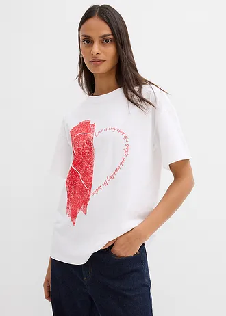 Oversized shirt van een elastische katoenmix, Kleur: wit-aardbeirood met print