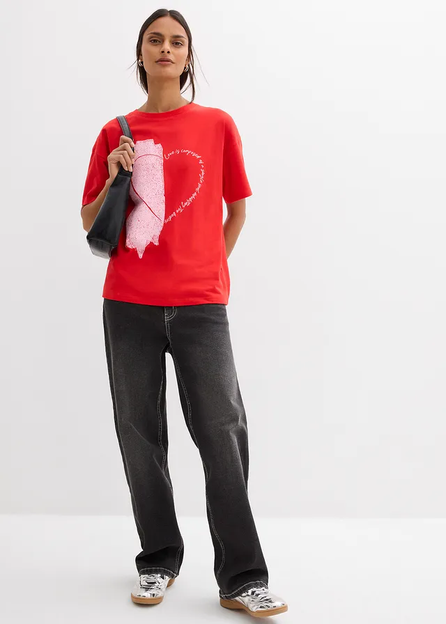 T-shirt oversize en coton extensible, Couleur: fraise-rose cristal imprimé