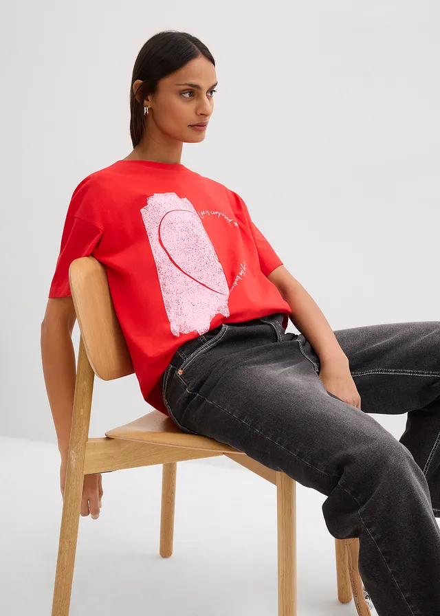 Oversized shirt van een elastische katoenmix • aardbeirood-kristalroze met print • product-page.page-title-suffix