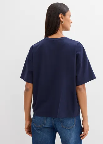 T-shirt in een elastische, biologische katoenmix • donkerblauw/wit met print • bonprix online shop