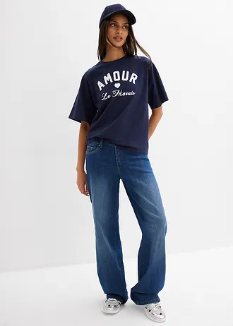 T-shirt in een elastische, biologische katoenmix, Kleur: donkerblauw/wit met print