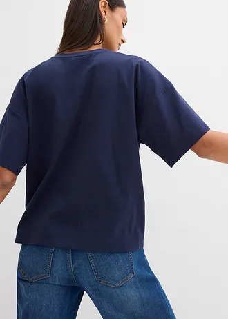 T-shirt z elastycznej mieszanki bawełny organicznej • granatowo-biały z nadrukiem • sklep bonprix