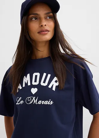 T-shirt in een elastische, biologische katoenmix • donkerblauw/wit met print • bonprix online shop