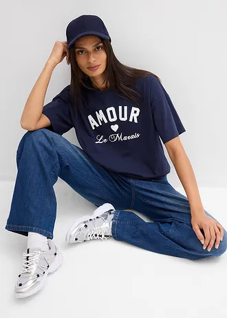 T-shirt in een elastische, biologische katoenmix • donkerblauw/wit met print • bonprix online shop