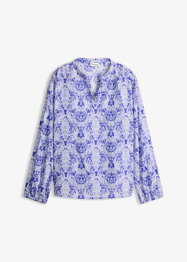Blouse van puur katoen, Kleur: arctisch blauw-wolwit gedessineerd