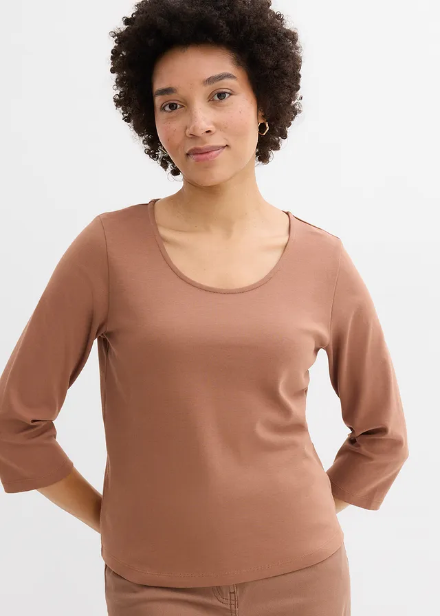 T-shirt manches 3/4 en jersey épais 100% coton, Couleur: marron