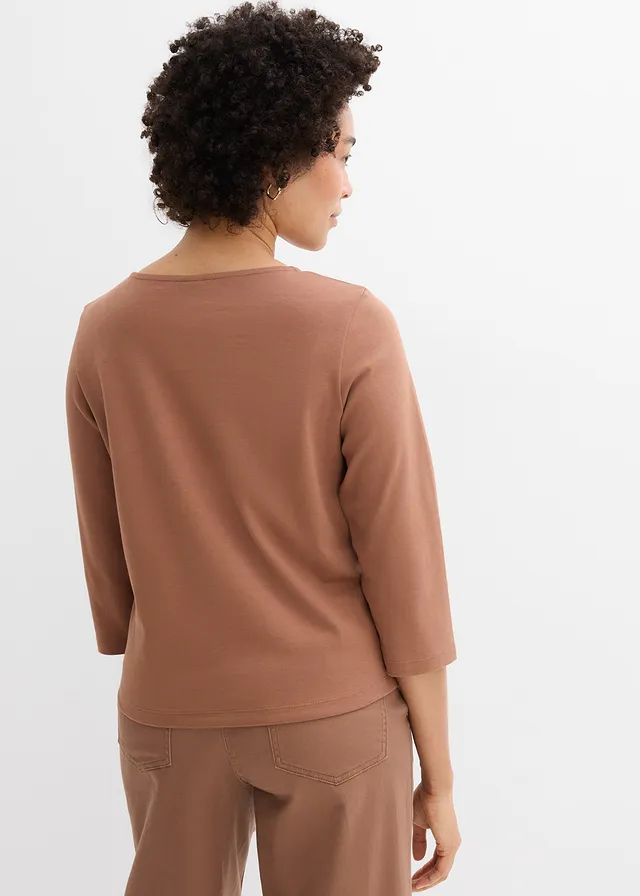 T-shirt manches 3/4 en jersey épais 100% coton, Couleur: marron