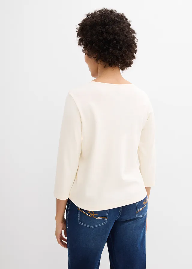 T-shirt manches 3/4 en jersey épais 100% coton, Couleur: blanc nacré