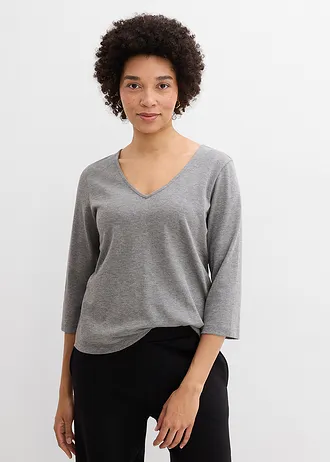 T-shirt manches 3/4 en jersey coton épais, Couleur: gris chiné