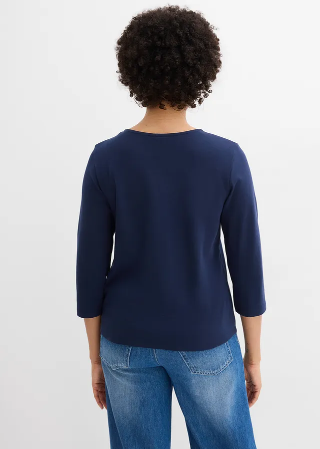 T-shirt manches 3/4 en jersey coton épais, Couleur: bleu foncé