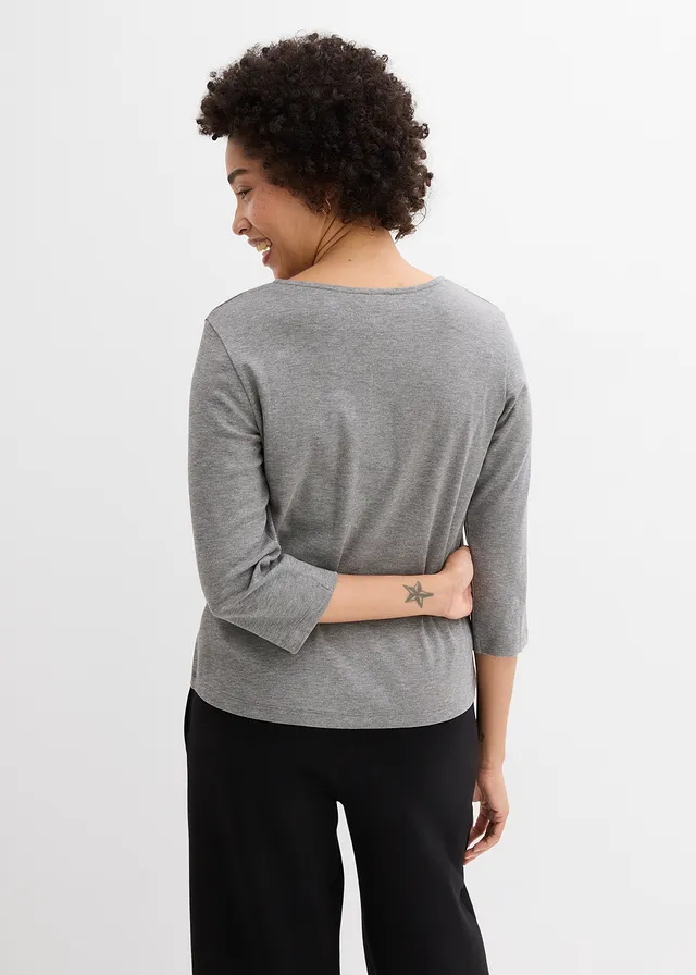 Bluză cu mânecă 3/4 din jerse gros 100% din bumbac organic, culoare: gri melanj melanj