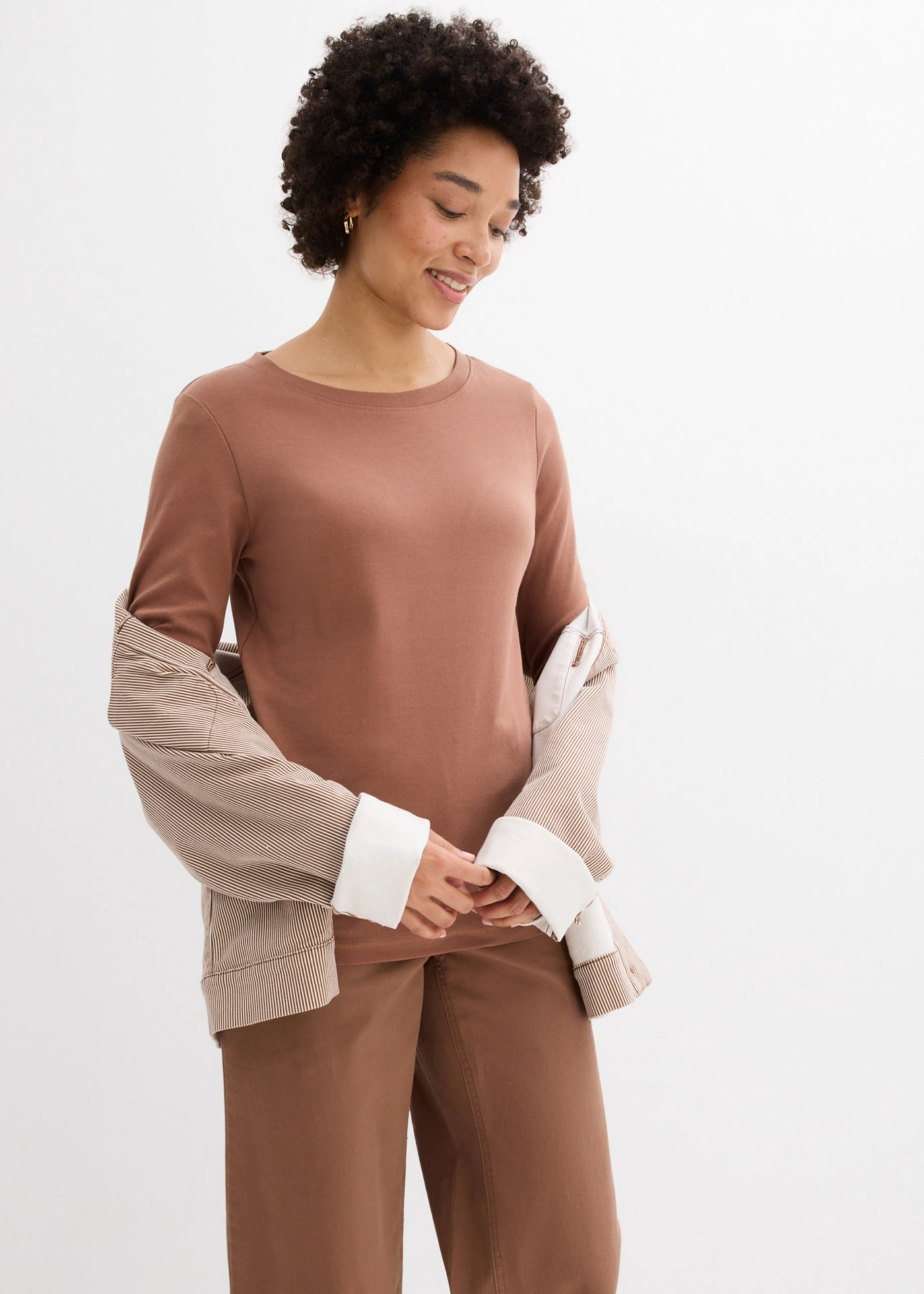 Heavy jersey shirt met biologisch katoen (set van 3) • kastanjebruin-zwart-parelwit • bonprix online shop