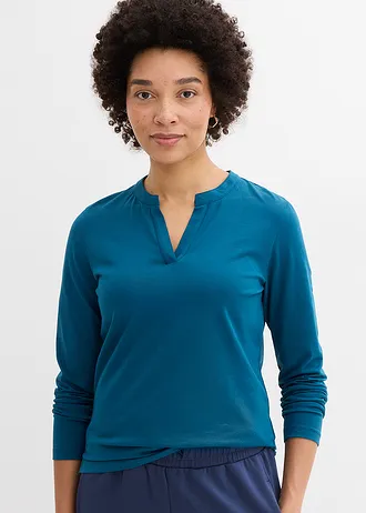 T-shirt long à col tunisien, Couleur: bleu pétrole