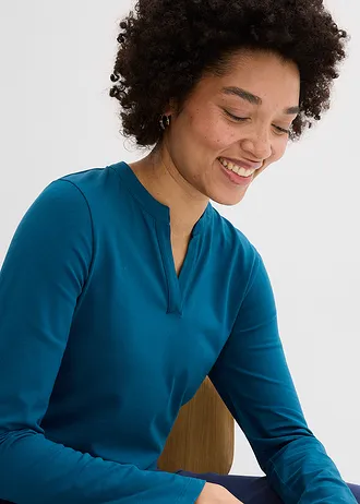 Csípőig érő Henley póló • olajkék • bonprix áruház