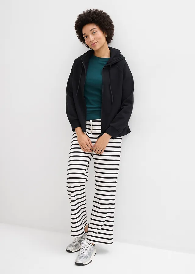Pantalon sweat, Couleur: noir-écru rayé
