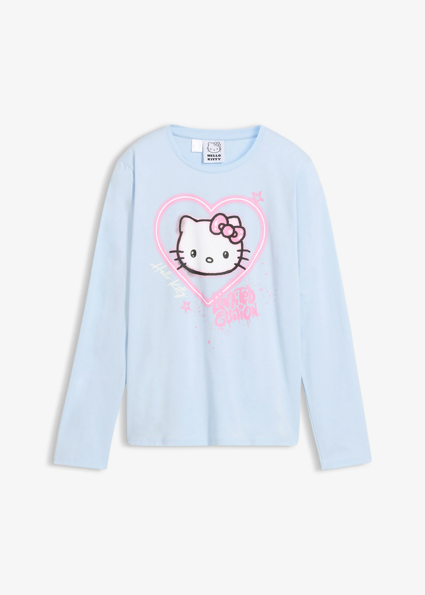 Bluză cu mâneci lungi Hello Kitty din bumbac 100% • albastru pudrat cu imprimeu • magazin bonprix