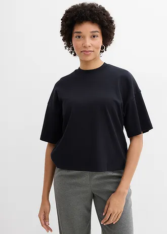 Bluză scurtă cu croi oversize din 100% bumbac gros organic, culoare: negru