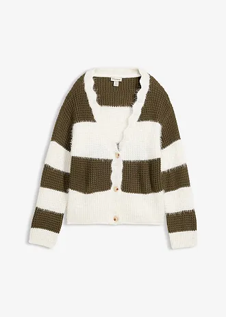 Szeroki sweter z grubej dzianiny • biel wełny-ciemnooliwkowy w poziome pasy • sklep bonprix