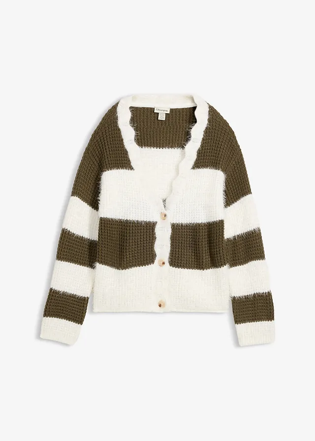 Gilet large en grosse maille, Couleur: écru-olive foncé rayé
