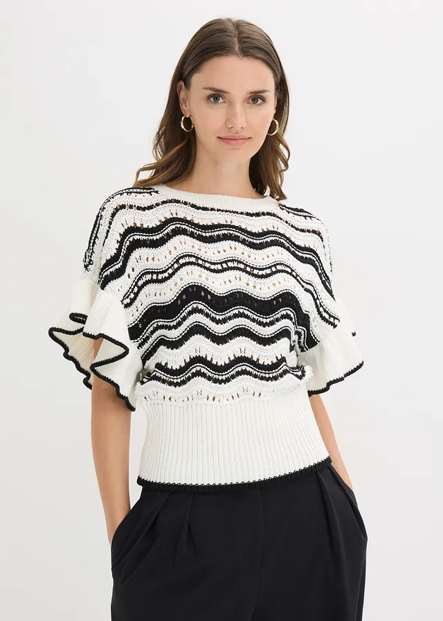 Gebreid shirt, Kleur: wolwit-zwart