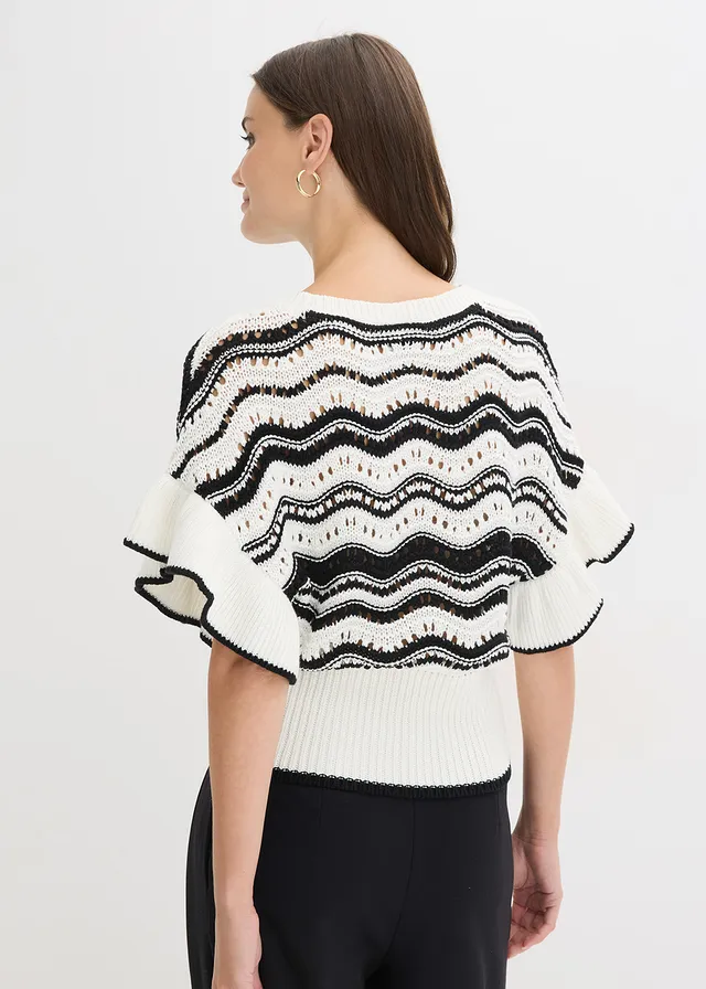 Gebreid shirt, Kleur: wolwit-zwart