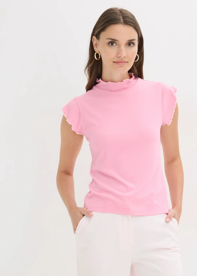 T-shirt côtelé en viscose extensible, Couleur: rose/écru