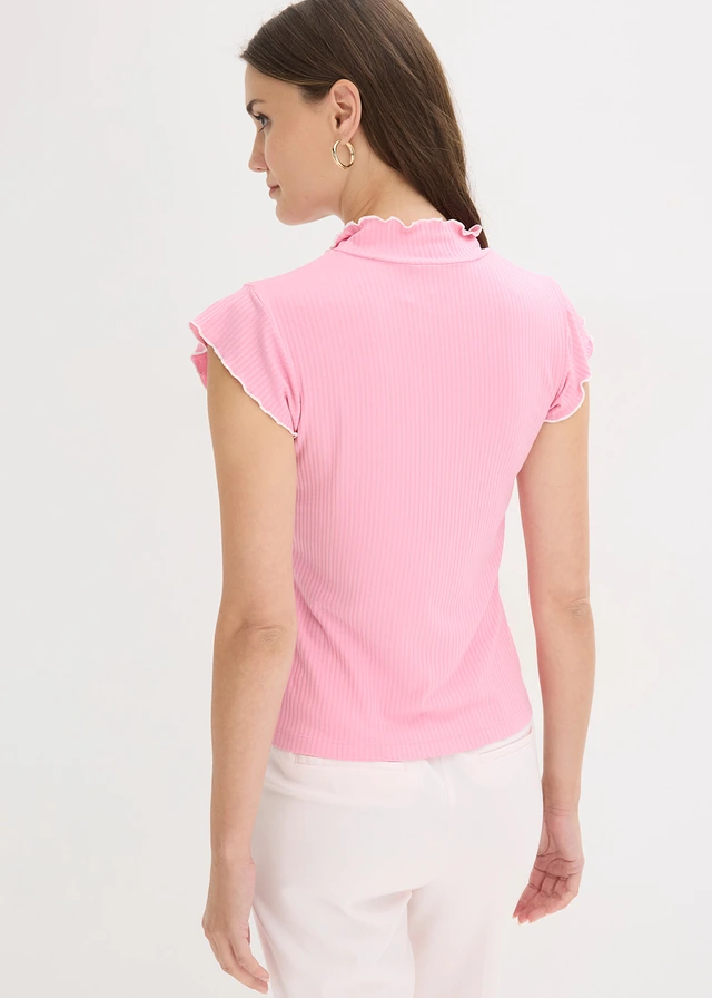 T-shirt côtelé en viscose extensible, Couleur: rose/écru