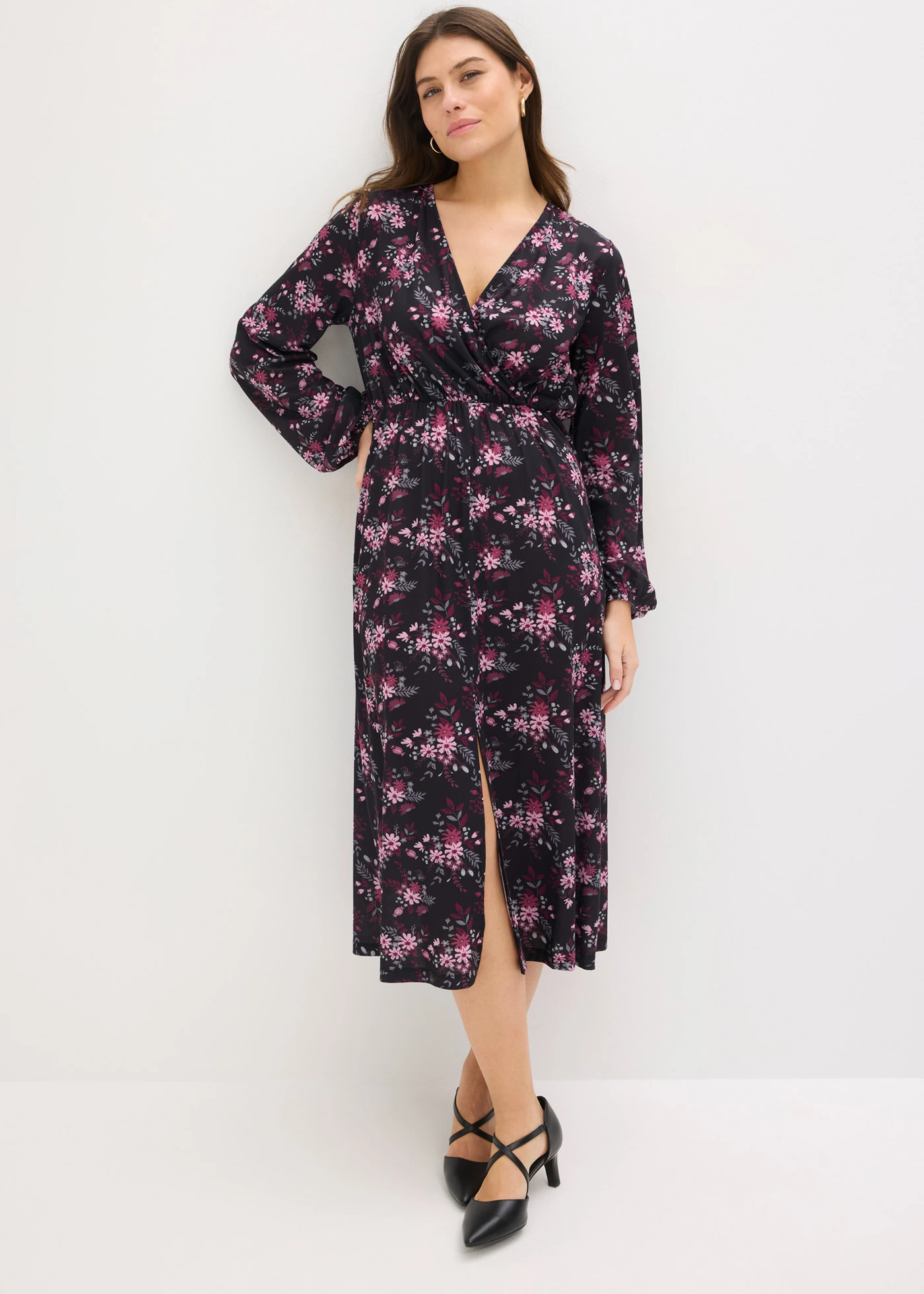 Jersey jurk met ballonmouwen • zwart gebloemd • bonprix online shop