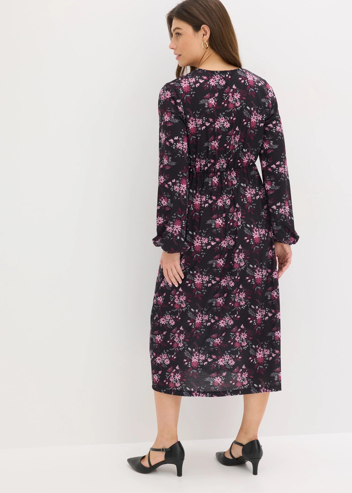 Jersey jurk met ballonmouwen • zwart gebloemd • bonprix online shop