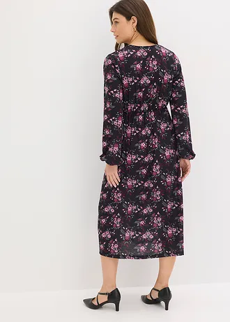 Rochie din jerse cu mâneci balon • negru cu flori • magazin bonprix