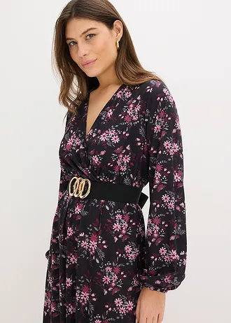 Rochie din jerse cu mâneci balon • negru cu flori • magazin bonprix