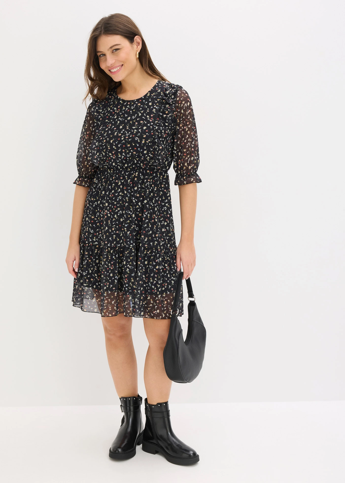 Jersey jurk van fijne mesh • zwart gebloemd • bonprix online shop