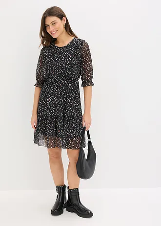 Jersey jurk van fijne mesh • zwart gebloemd • bonprix online shop