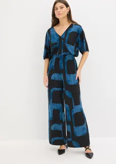 Jersey jumpsuit, Kleur: zwart/blauwpetrol gedessineerd