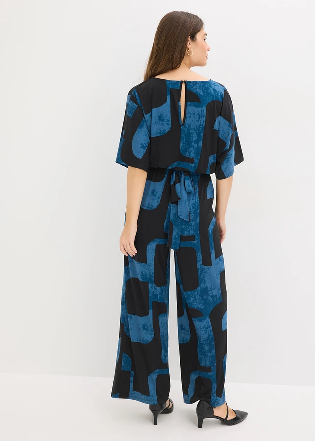 Combinaison en jersey à col en V, Couleur: noir + pétrole imprimé