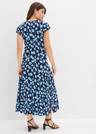 Gebloemde jersey jurk in een zachte viscosemix, Kleur: donkerblauw/lichtblauw gebloemd