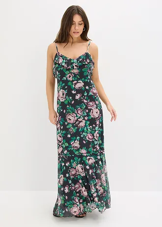 Rochie cu bretele, din mesh moale • negru înflorat • magazin bonprix