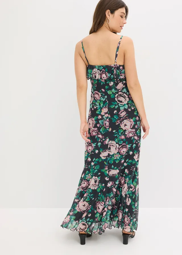 Rochie cu bretele, din mesh moale • negru înflorat • magazin bonprix