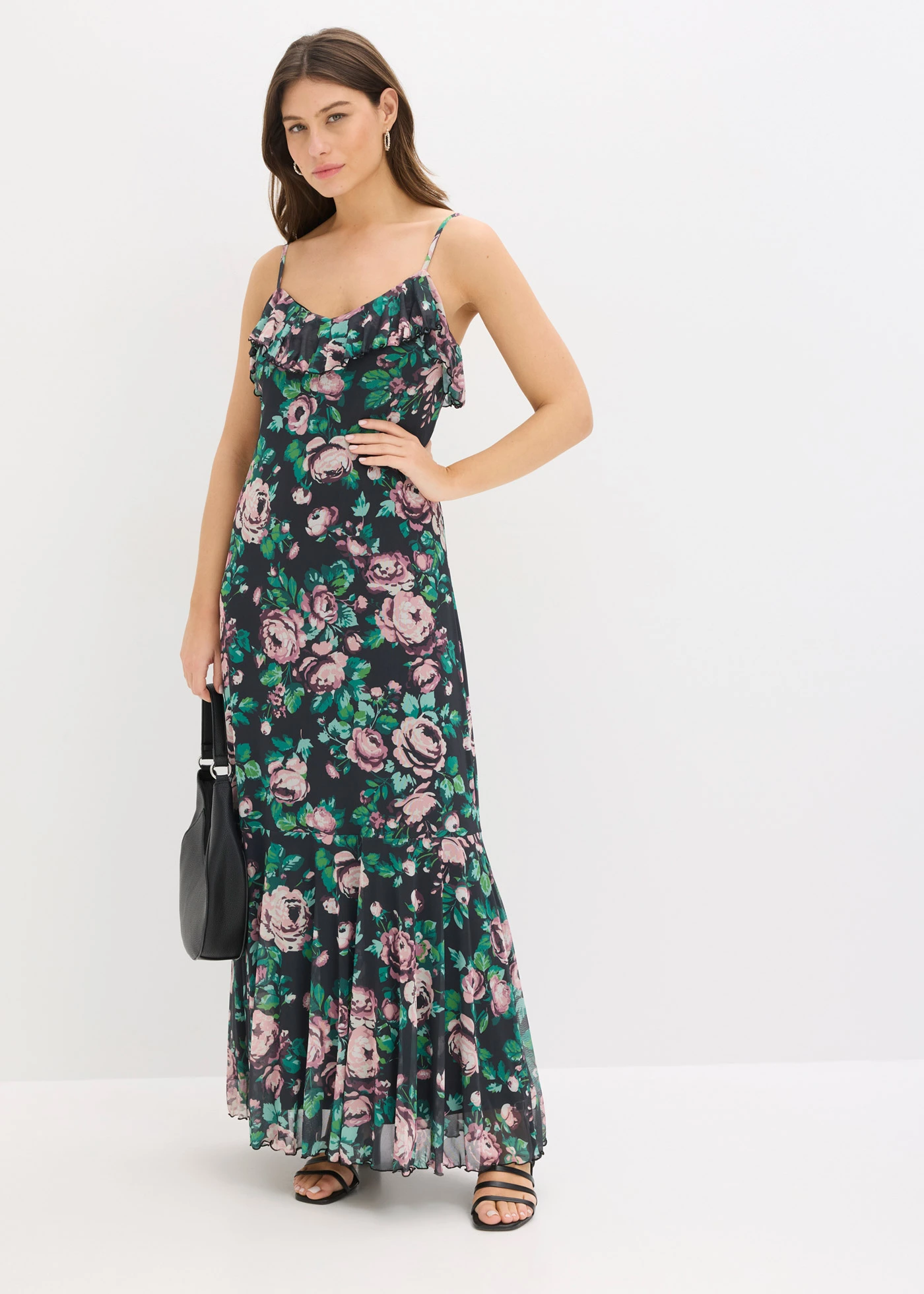 Jurk met spaghettibandjes van zachte mesh • zwart gebloemd • bonprix online shop