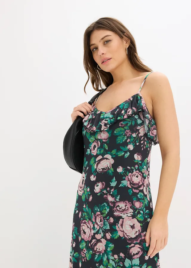 Rochie cu bretele, din mesh moale • negru înflorat • magazin bonprix