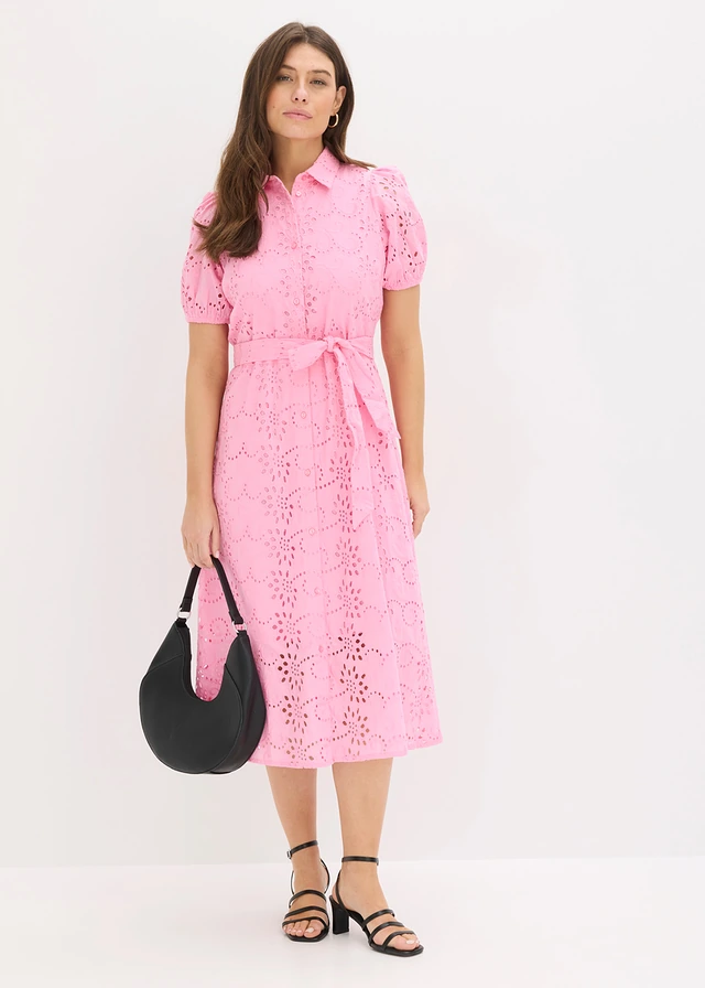 Robe chemise en broderie anglaise, 100% coton, Couleur: rose