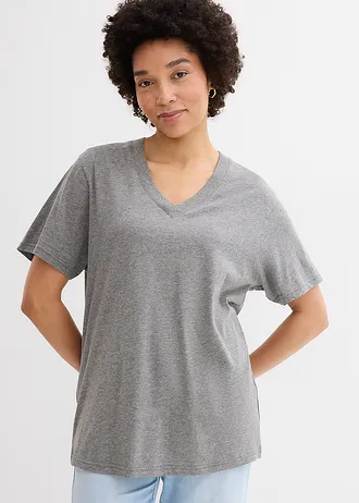 Długi i szeroki T-shirt z dekoltem w serek, krótki rękaw (5 sztuk) • zieleń kamieni szlachetnych+biały+szary melanż+różowy pink lady+żółty szafran • sklep bonprix