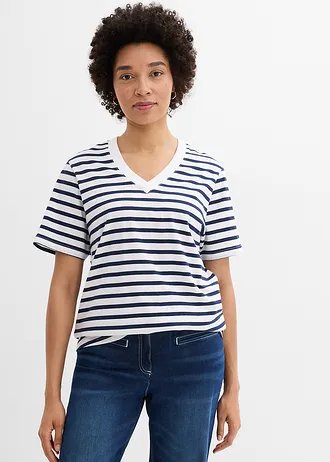 Lot de 5 T-shirts longs et amples à col V • blanc+bleu clair+rouge+bleu foncé rayé • Boutique bonprix