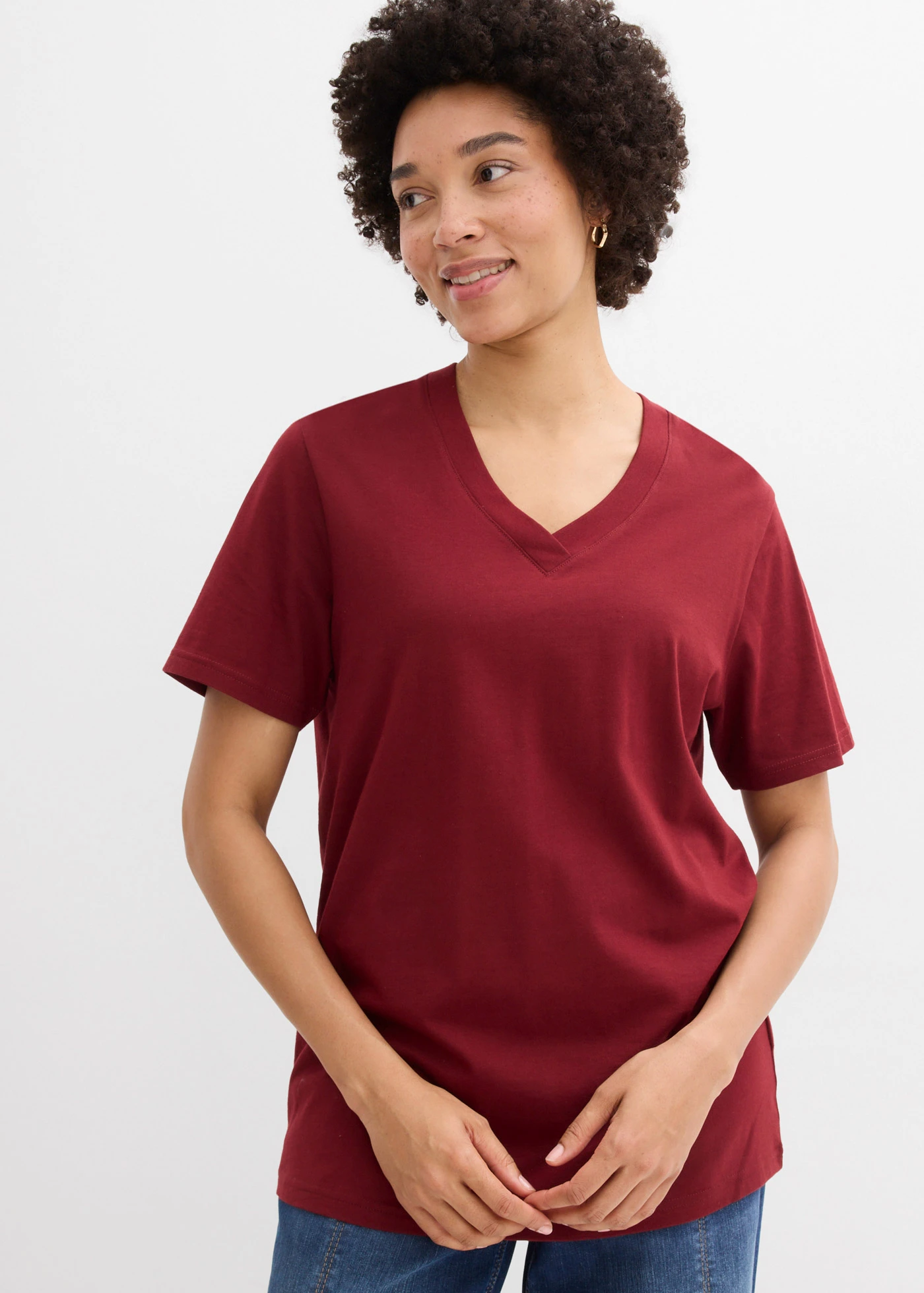 Wijd longshirt met V-hals, korte mouw  (set van 5) • lichtgroen+wit+asroze+grijs gemêleerd+robijnrood • bonprix online shop