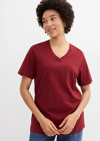 Długi i szeroki T-shirt z dekoltem w serek, krótki rękaw (5 sztuk), kolor: bladozielony+biały+zgaszony różowy+szary melanż+czerwony rubinowy