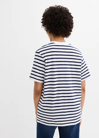 Wijd longshirt met V-hals, korte mouw  (set van 5) • wit/donkerblauw gestreept+lavarood+lichtblauw • bonprix online shop