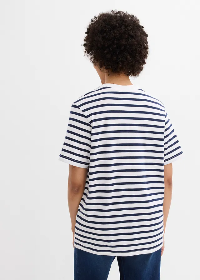 Lot de 5 T-shirts longs et amples à col V • blanc-bleu foncé rayé + rouge lave + bleu clair • product-page.page-title-suffix