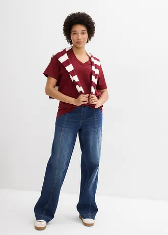 Lot de 5 T-shirts longs et amples à col V • vert pâle + blanc + rose cendré + gris chiné + rouge rubis • Boutique bonprix