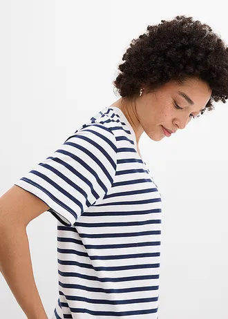 Lot de 5 T-shirts longs et amples à col V • blanc+bleu clair+rouge+bleu foncé rayé • Boutique bonprix